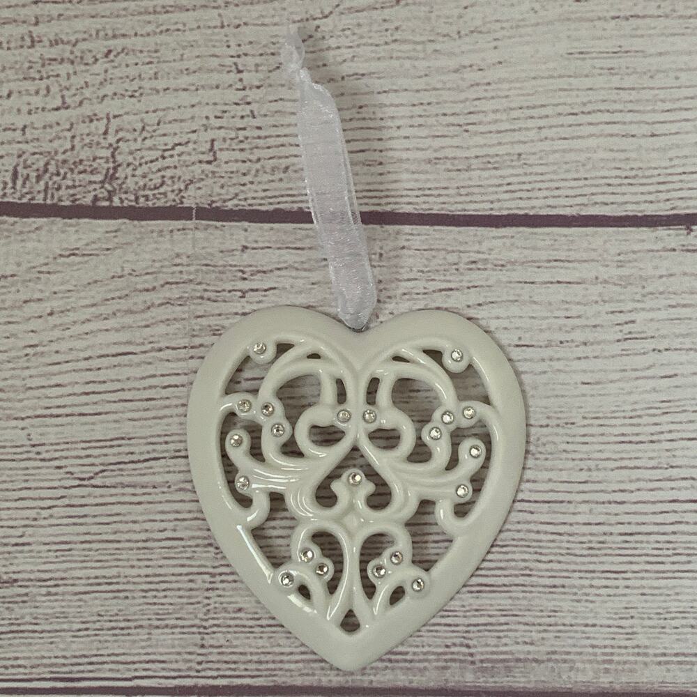 Regent Square Studio Porcelain Filigree Heart Ornament European Crystals Cream